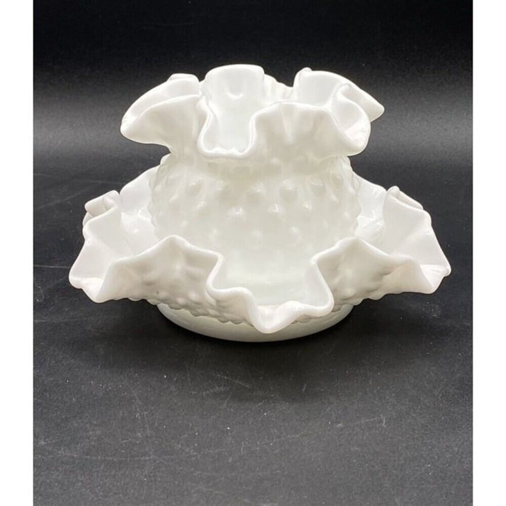 Fenton Milk Glass Hobnail Candy Bon Bon Dish Ruffled Bowl Vase Set Of 2 - Picture 2 of 12
